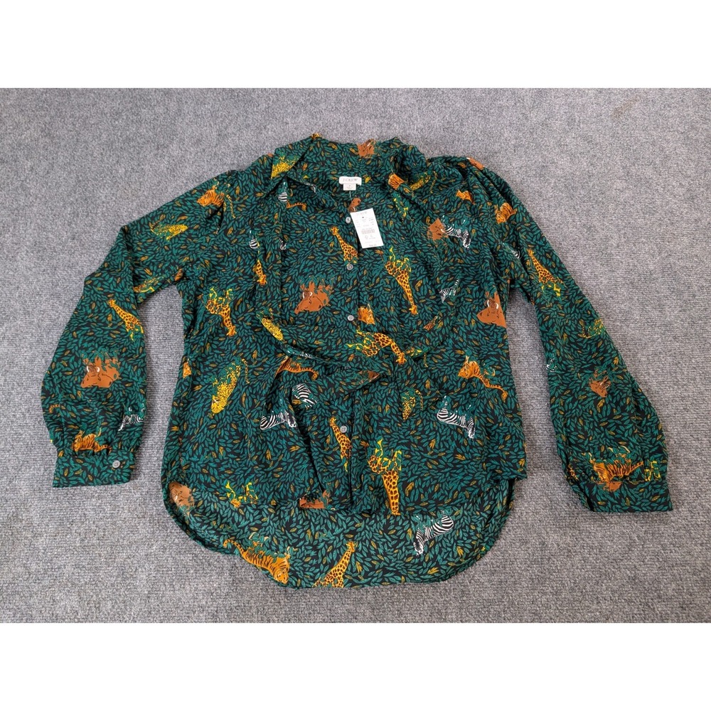 J.Crew Blouse Top Women's M Green Tie Neck Safari Jungle Button Down NWT
